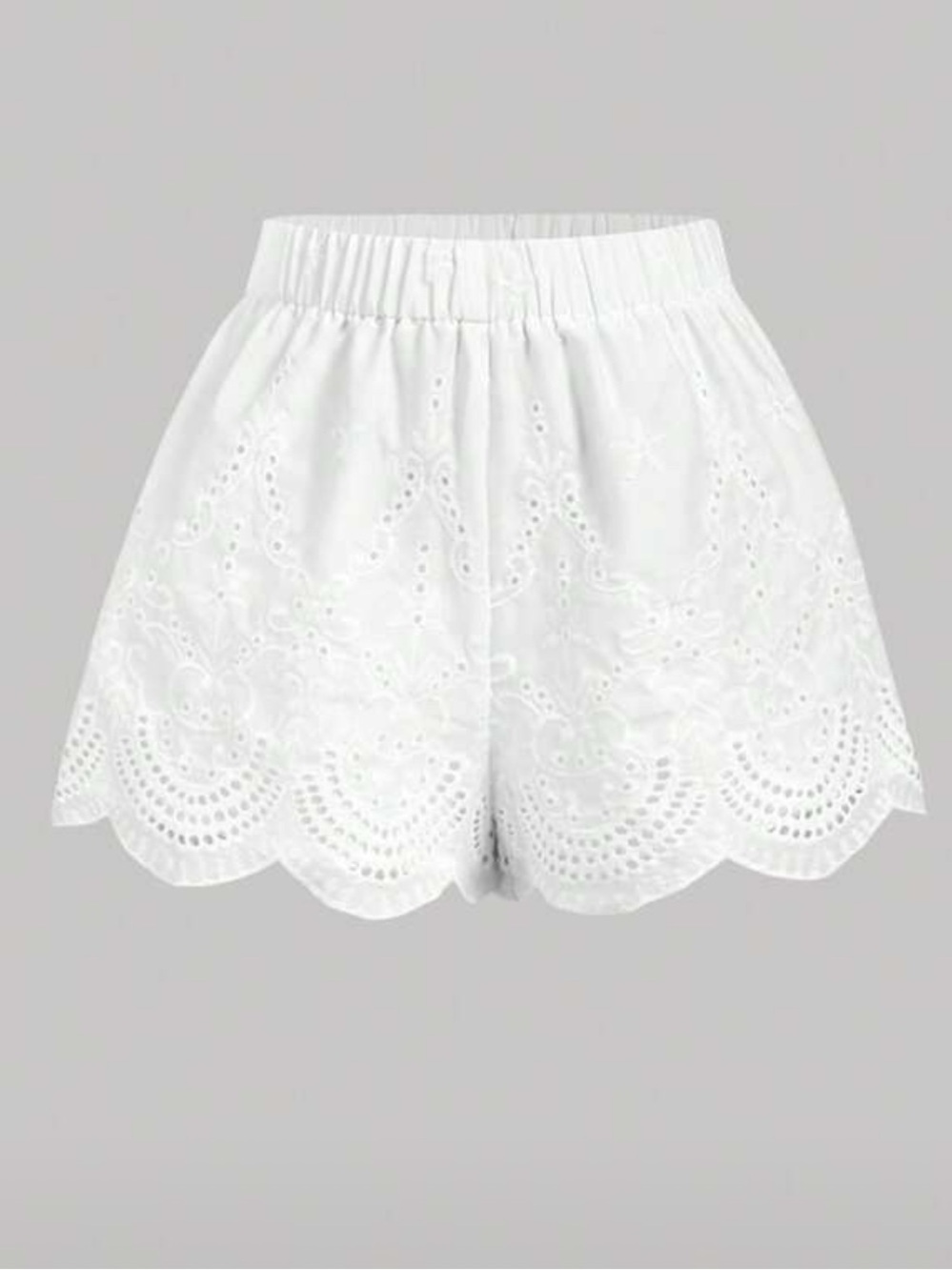 Women's White Eyelet Scallop Hem Shorts